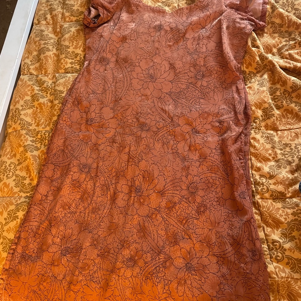 Floral Patterned and Beaded Sari Dress in Orange